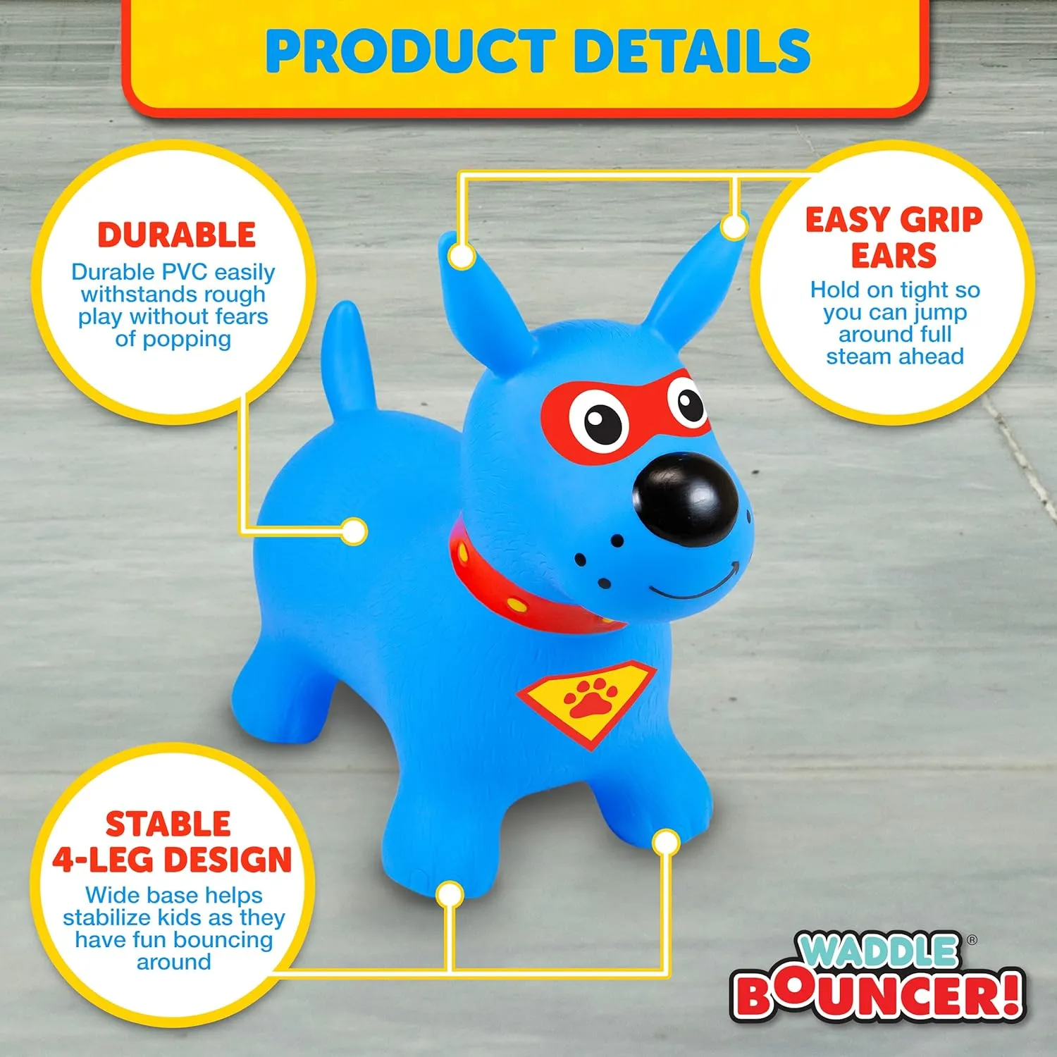 Waddle Bouncy Animal Hopper - Inflatable Hopping Animals, Indoors and Outdoors Fun, Pump Included, Riding Toys for Boys and Girls Ages 2 Years and Up, Blue Super Hero Dog