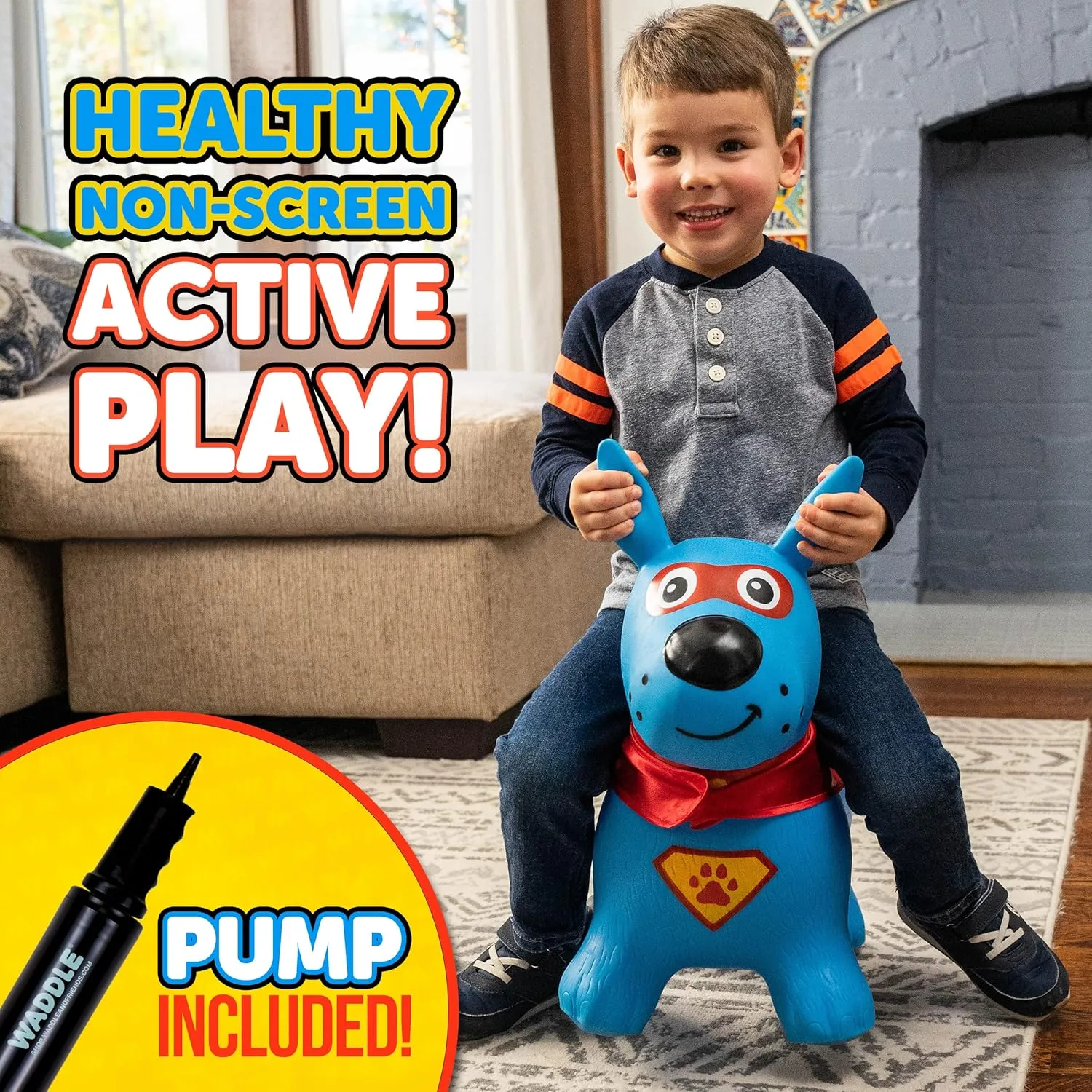 Waddle Bouncy Animal Hopper - Inflatable Hopping Animals, Indoors and Outdoors Fun, Pump Included, Riding Toys for Boys and Girls Ages 2 Years and Up, Blue Super Hero Dog