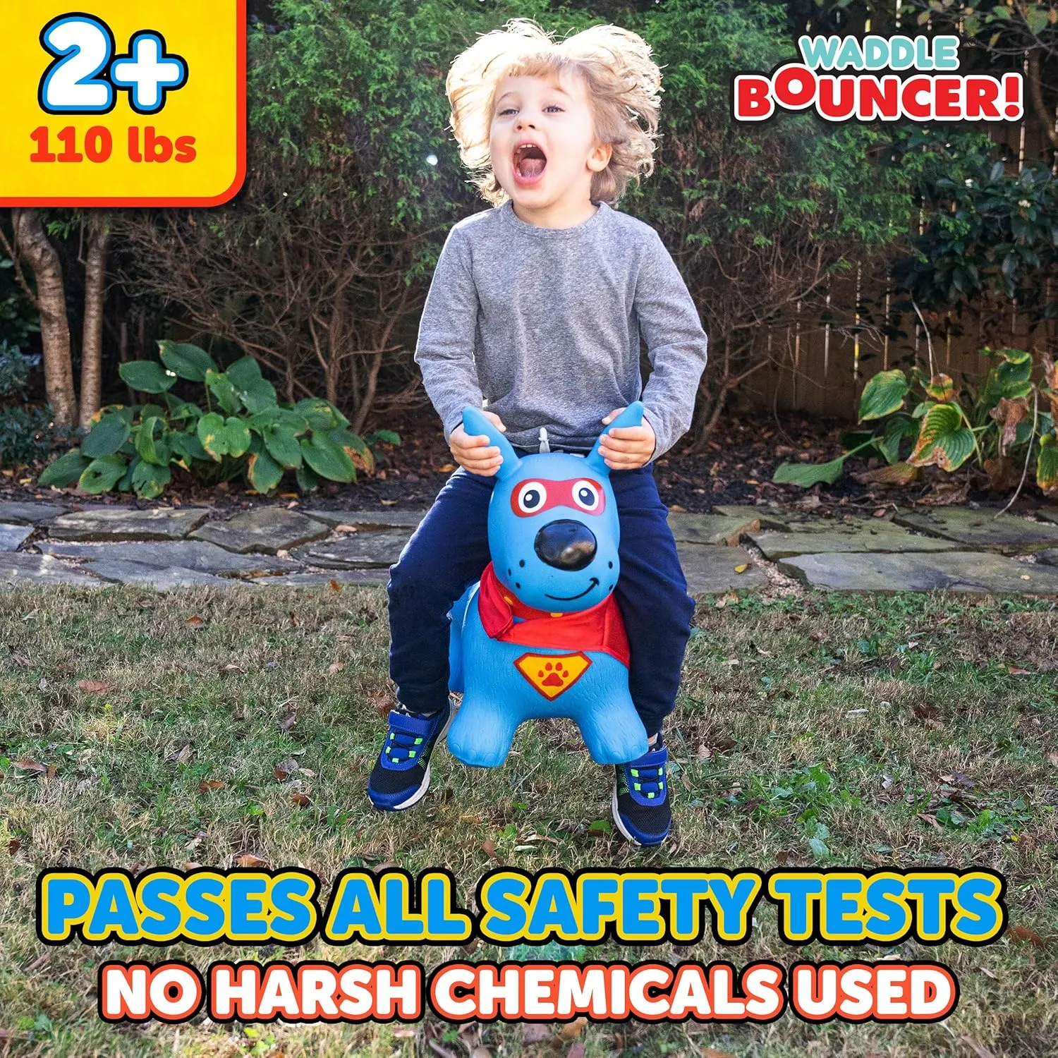 Waddle Bouncy Animal Hopper - Inflatable Hopping Animals, Indoors and Outdoors Fun, Pump Included, Riding Toys for Boys and Girls Ages 2 Years and Up, Blue Super Hero Dog