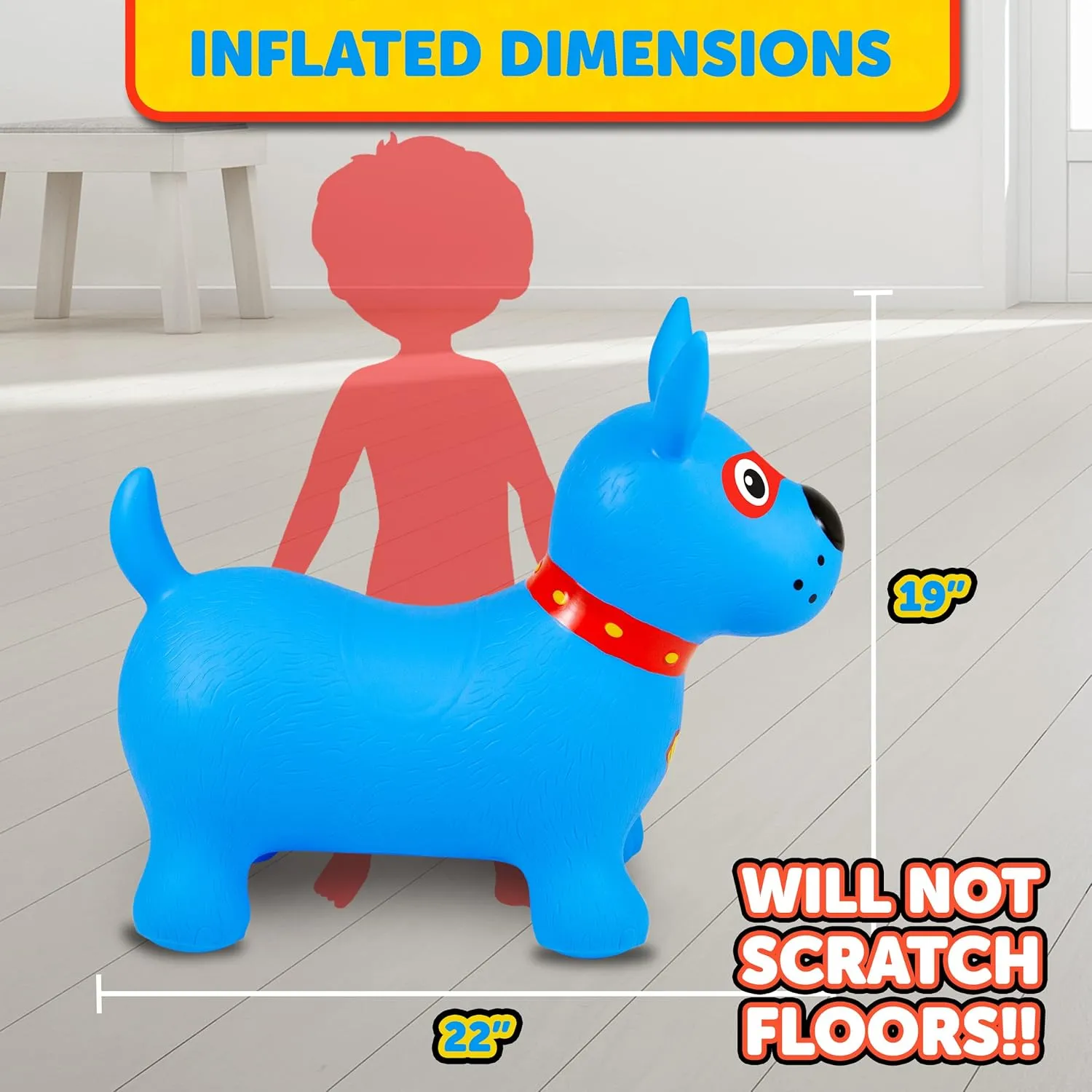 Waddle Bouncy Animal Hopper - Inflatable Hopping Animals, Indoors and Outdoors Fun, Pump Included, Riding Toys for Boys and Girls Ages 2 Years and Up, Blue Super Hero Dog