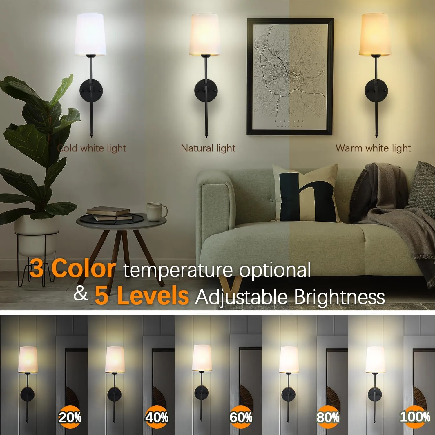 Wall Lights Battery Operated Wall Sconces Set of 2, Black Rechargeable Wall Sconce with 15 RGB Dimmable Detachable Bulbs and Remote, Wireless Battery Powered Wall Lamp for Living Room Bedroom
