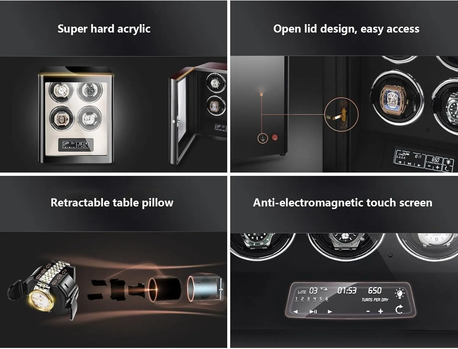 Watch Winder Automatic Watches Display Case Led Light and LCD Touch Screen with Super Quiet Japanese Motor 5 Rotation Mode Setting Flexible Plush Pillow Fit Lady and Man Wa,One Color-6 0