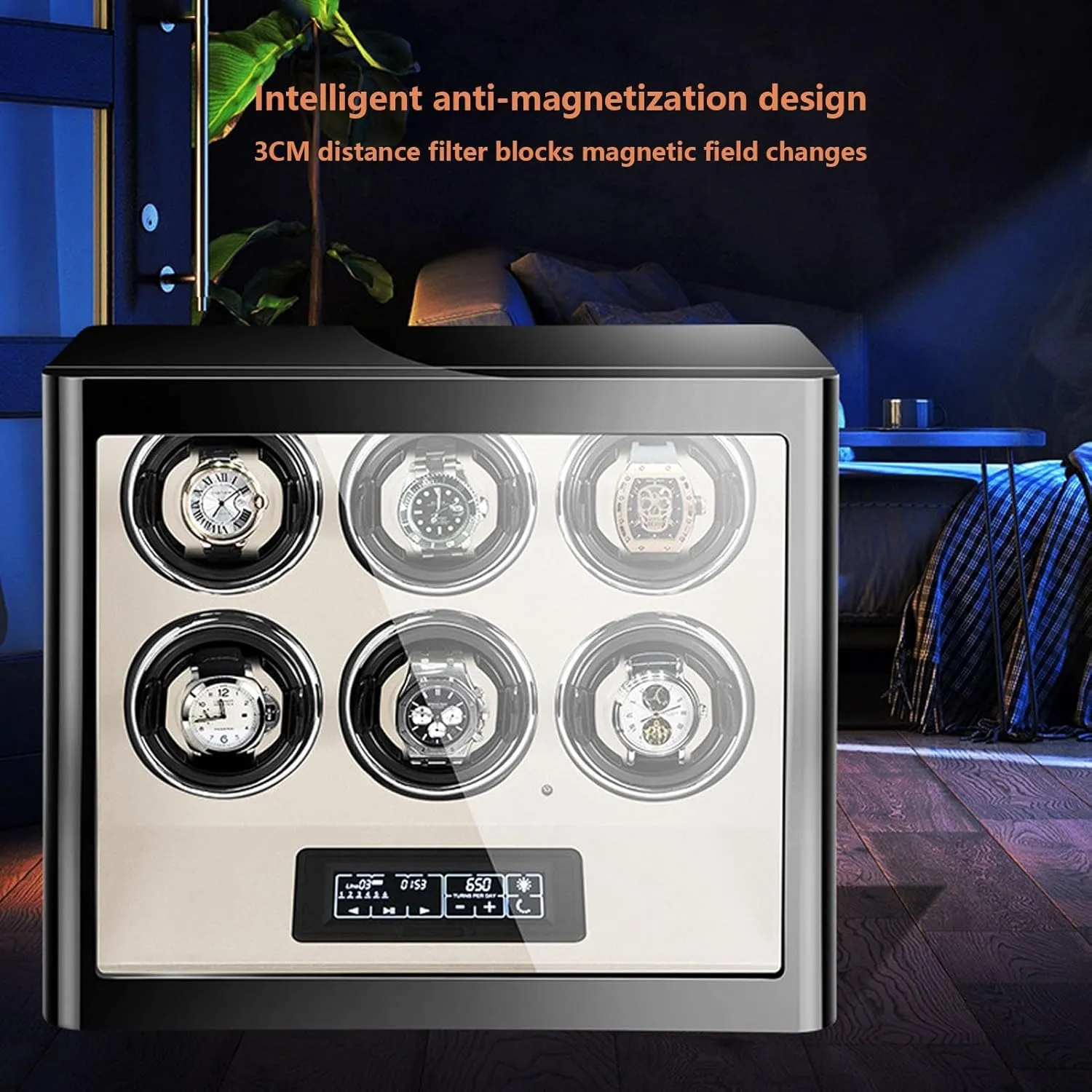 Watch Winder Automatic Watches Display Case Led Light and LCD Touch Screen with Super Quiet Japanese Motor 5 Rotation Mode Setting Flexible Plush Pillow Fit Lady and Man Wa,One Color-6 0
