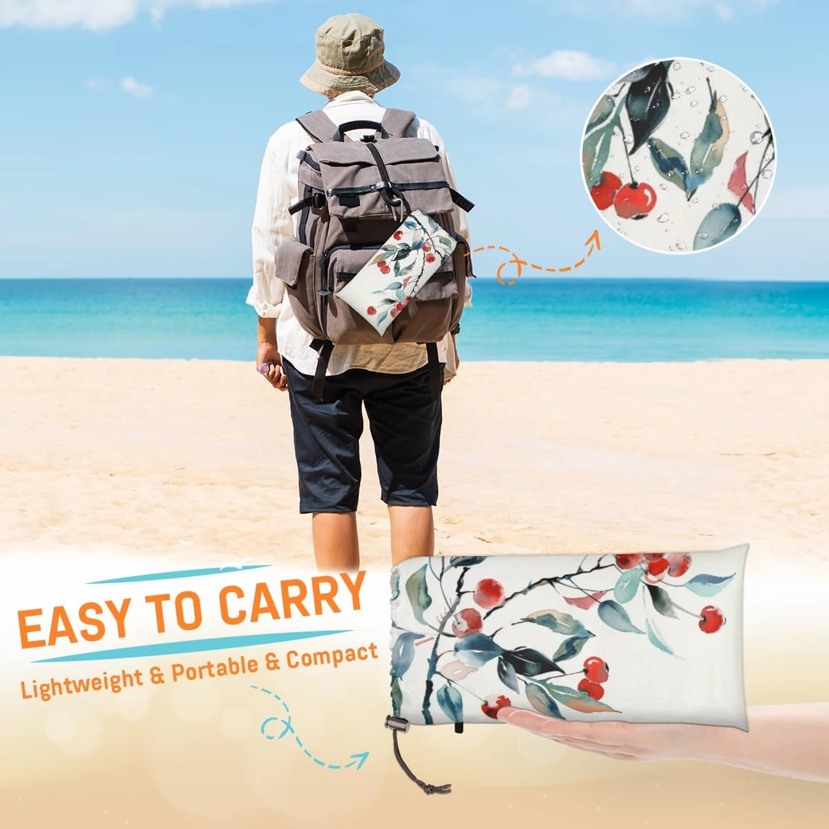 Watercolor Cherry Beach Blanket, Sandproof Beach Mat, Adults Waterproof Quick Drying Sand Free Mat with 4 x Ground Spikes for Outdoor Travel Camping Hiking, Cherry Fruit