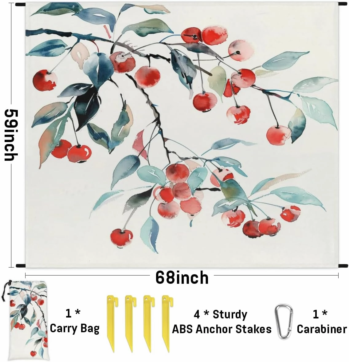 Watercolor Cherry Beach Blanket, Sandproof Beach Mat, Adults Waterproof Quick Drying Sand Free Mat with 4 x Ground Spikes for Outdoor Travel Camping Hiking, Cherry Fruit