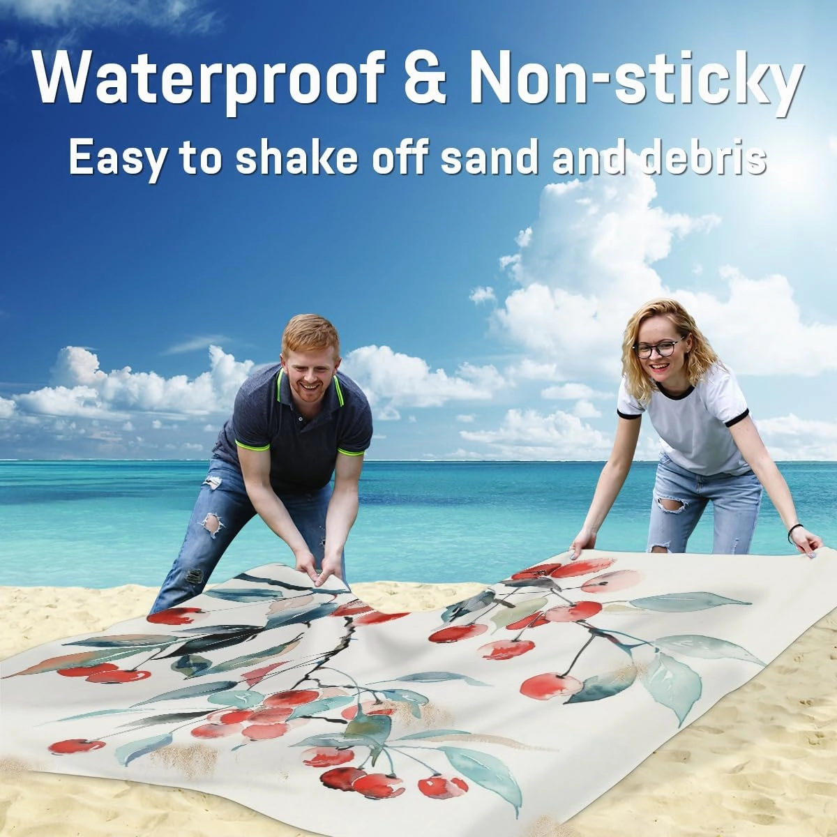 Watercolor Cherry Beach Blanket, Sandproof Beach Mat, Adults Waterproof Quick Drying Sand Free Mat with 4 x Ground Spikes for Outdoor Travel Camping Hiking, Cherry Fruit