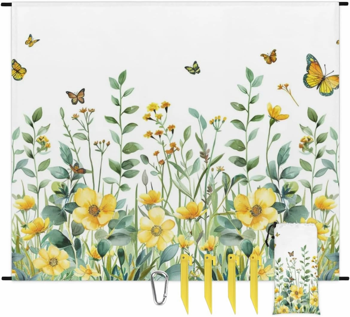 Watercolor Wildflower Beach Blanket, Sandproof Beach Mat, Adults Waterproof Quick Drying Sand Free Mat with 4 x Ground Spikes for Outdoor Travel Camping Hiking, Spring Floral