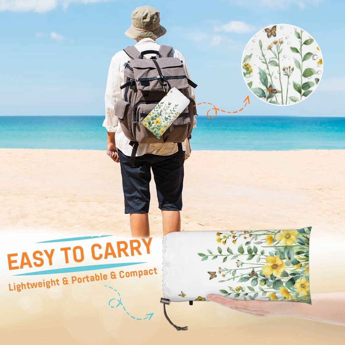 Watercolor Wildflower Beach Blanket, Sandproof Beach Mat, Adults Waterproof Quick Drying Sand Free Mat with 4 x Ground Spikes for Outdoor Travel Camping Hiking, Spring Floral