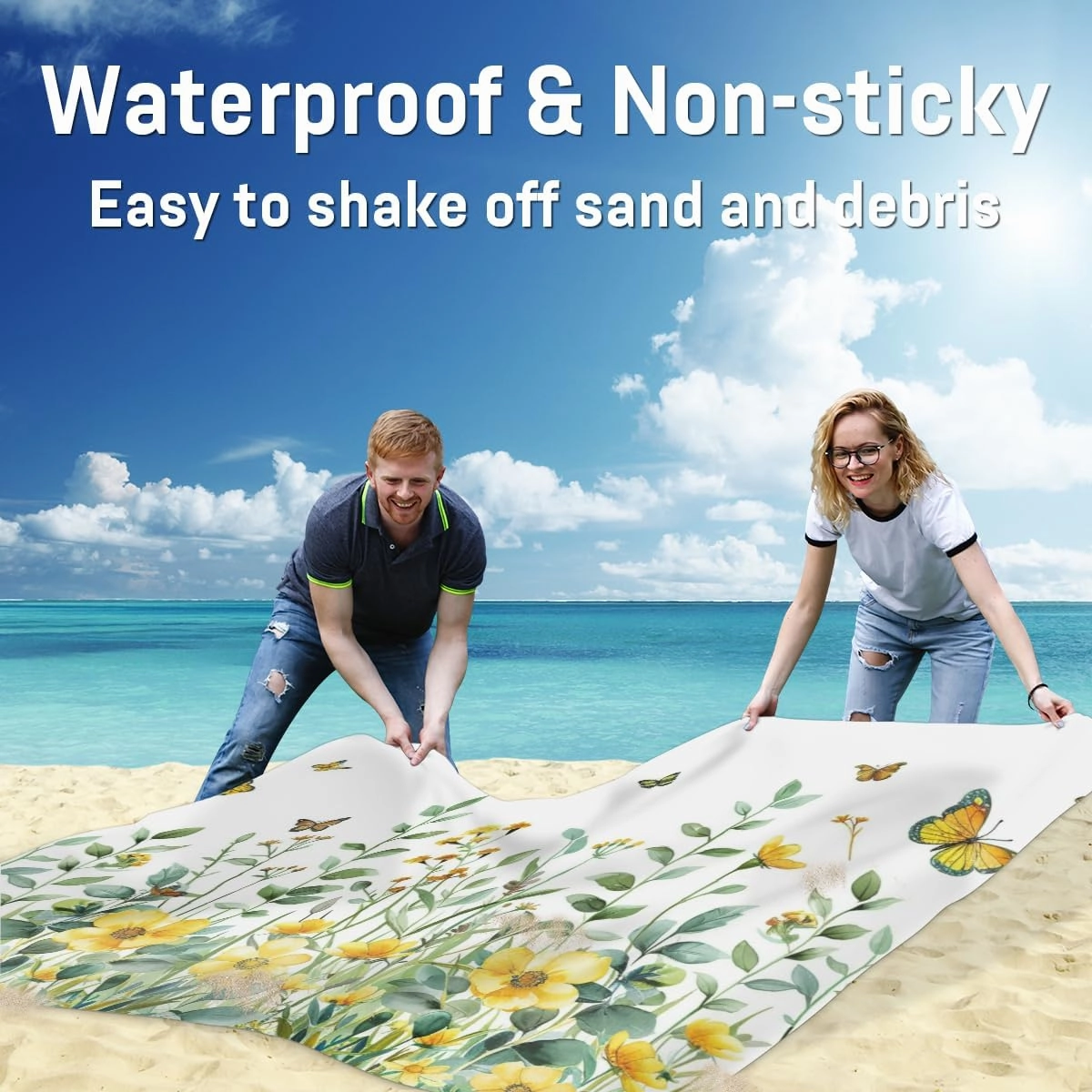Watercolor Wildflower Beach Blanket, Sandproof Beach Mat, Adults Waterproof Quick Drying Sand Free Mat with 4 x Ground Spikes for Outdoor Travel Camping Hiking, Spring Floral