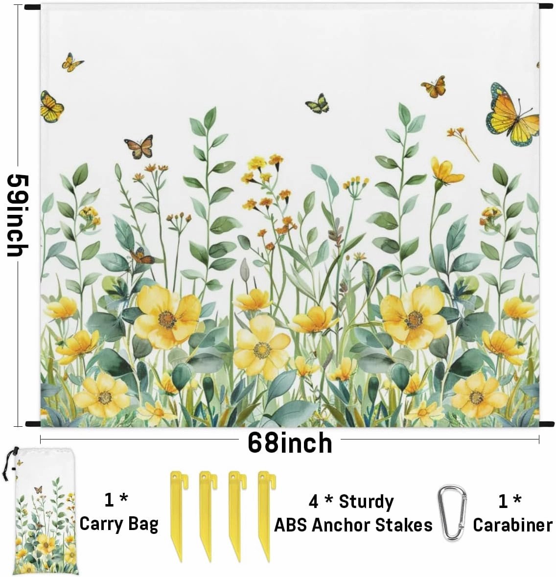 Watercolor Wildflower Beach Blanket, Sandproof Beach Mat, Adults Waterproof Quick Drying Sand Free Mat with 4 x Ground Spikes for Outdoor Travel Camping Hiking, Spring Floral