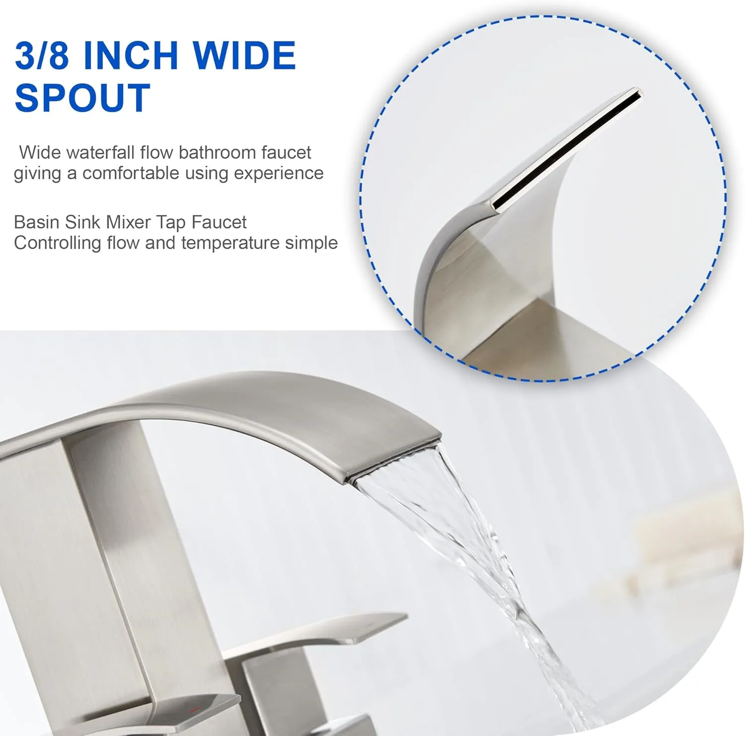 Waterfall Bathroom Sink Faucet Set with Pop Up Drain Stopper & Supply Lines - 4 Inch 2 Handles Centerset Faucet 2 or 3 Hole Lavatory Faucet Bathroom Vanity Mixer Tap Basin Faucets Brushed Nickel