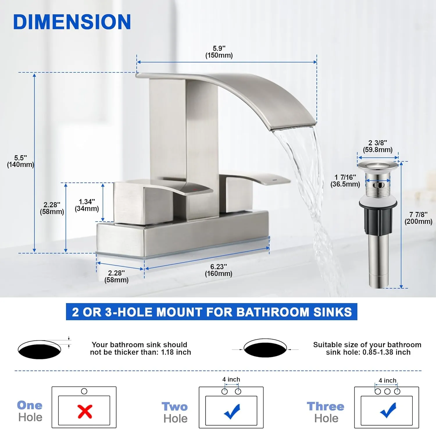 Waterfall Bathroom Sink Faucet Set with Pop Up Drain Stopper & Supply Lines - 4 Inch 2 Handles Centerset Faucet 2 or 3 Hole Lavatory Faucet Bathroom Vanity Mixer Tap Basin Faucets Brushed Nickel