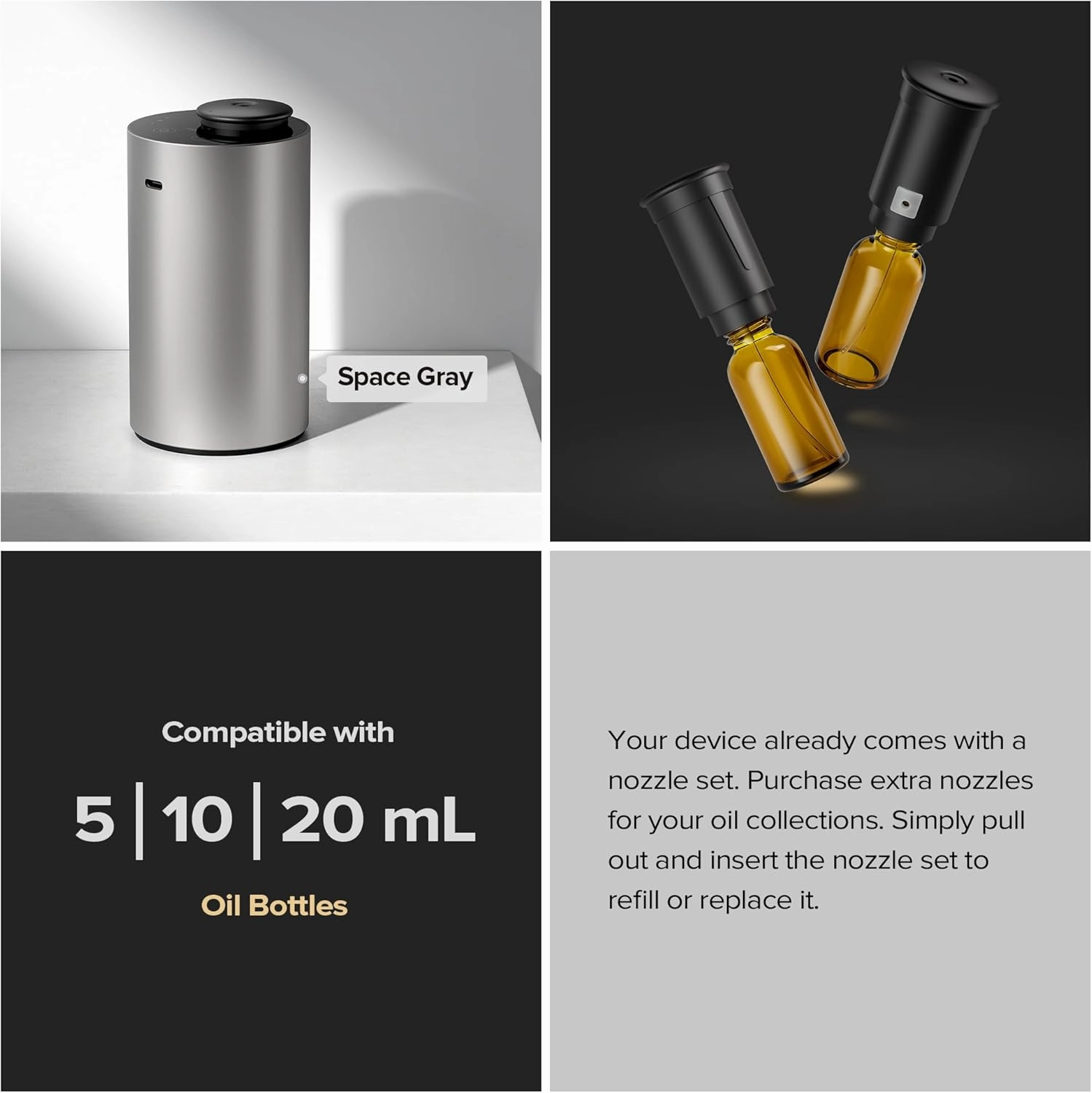 Waterless Essential Oil Diffuser for Home Aromatherapy Scent Diffusers with 3 Countdown Timer Settings or Timer-Off, 3 Mist Levels for Car Room Studio Office, ANX Premium Metal Black