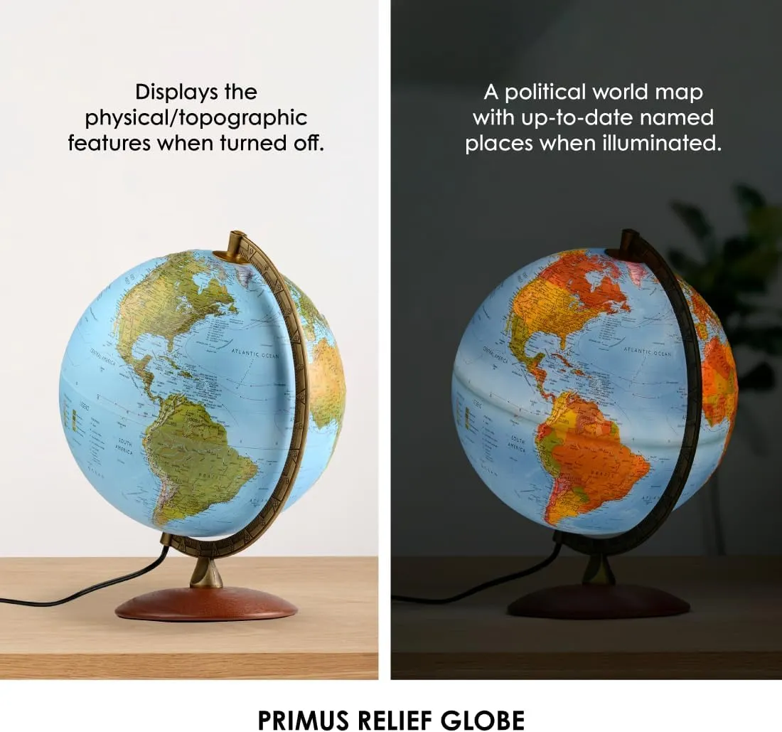 Waypoint Geographic Illuminated Desk Globe with Stand and Raised Relief Features - 1,000's of Up-to-Date Named Places & Points of Interest - Wood Stand (Blue)