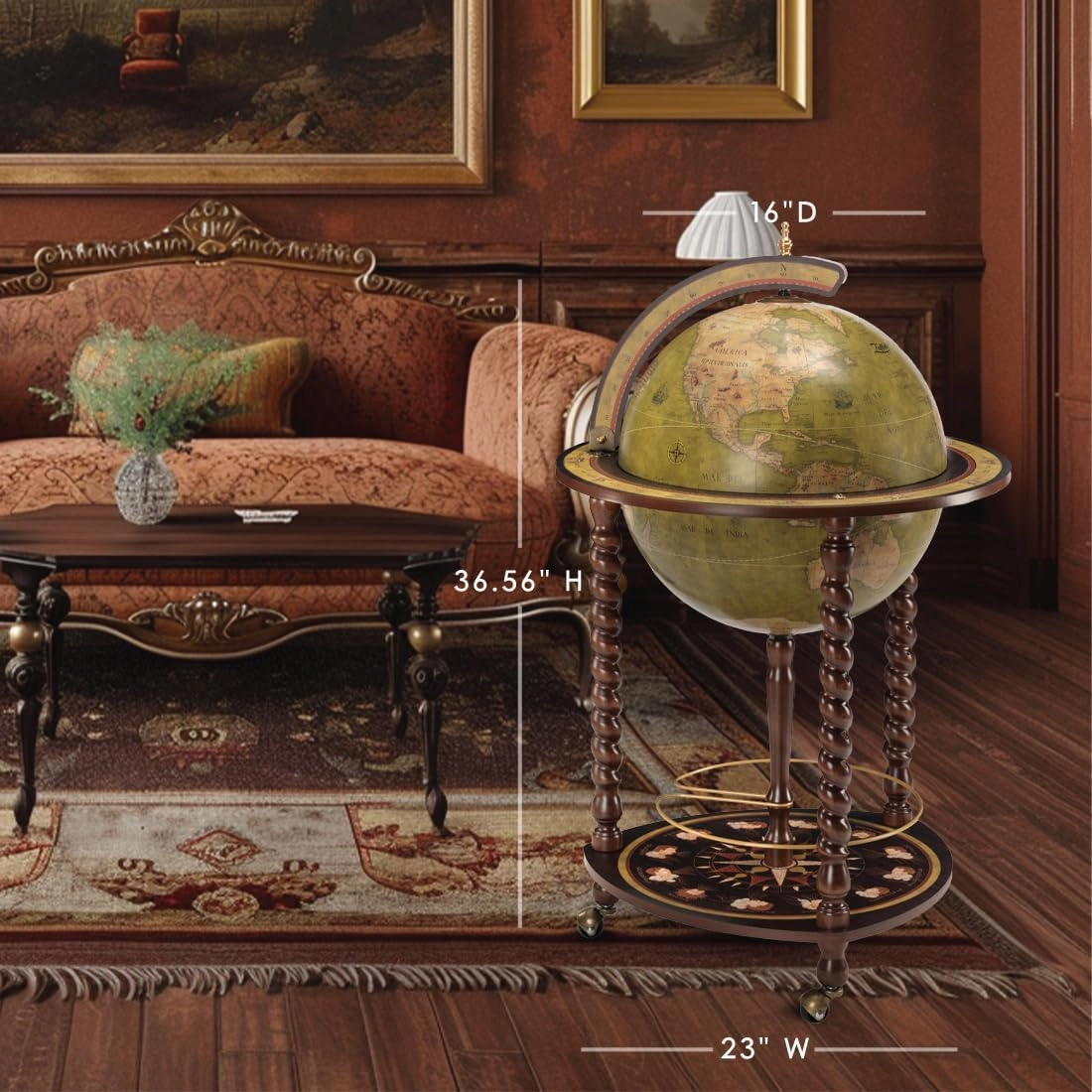 Waypoint Geographic Explora Bar Globe, 16” Diameter Elegant World Globe, Liquor Storage Mini Bar Globe for Home and Office Decor 36.56" H x 23" W x 16"D, Olive Green