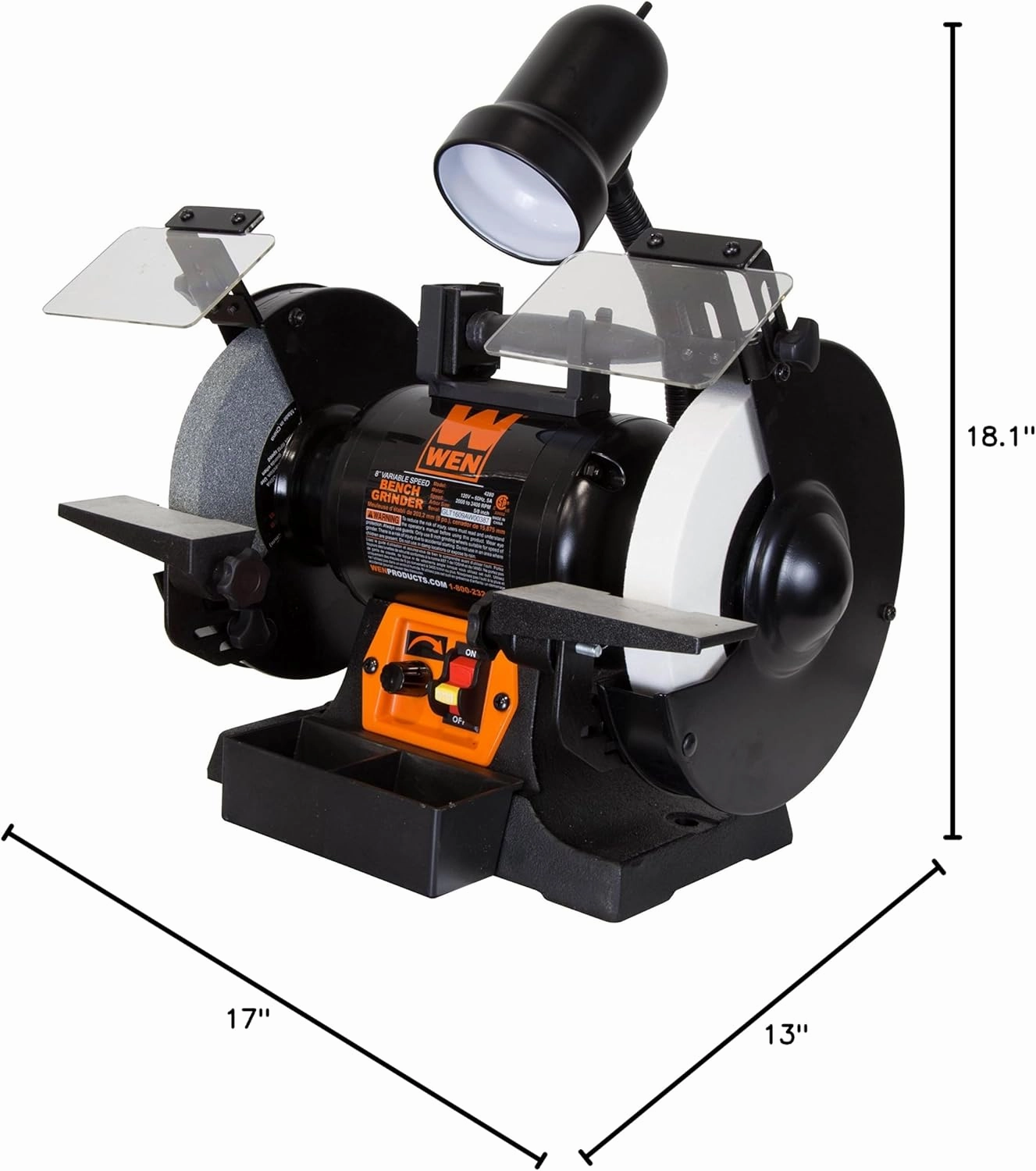 WEN BG4280 5-Amp 8-Inch Variable Speed Bench Grinder with Flexible Work Light, Black,orange