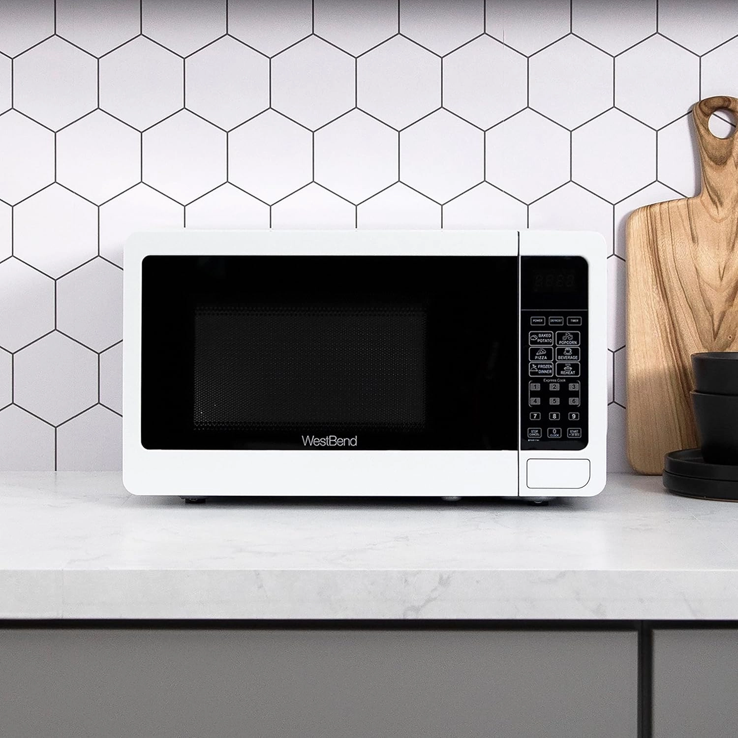 West Bend WBMW71W 0.7 Cu. Ft. Countertop Microwave Oven 700W with 6 Pre-Programmed Cooking Settings, Speed Defrost, Electronic Control Panel, Rotating Glass Turntable, Add 30 Seconds Button, White