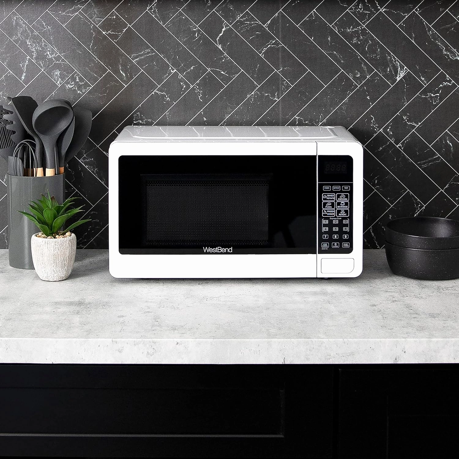 West Bend WBMW71W 0.7 Cu. Ft. Countertop Microwave Oven 700W with 6 Pre-Programmed Cooking Settings, Speed Defrost, Electronic Control Panel, Rotating Glass Turntable, Add 30 Seconds Button, White