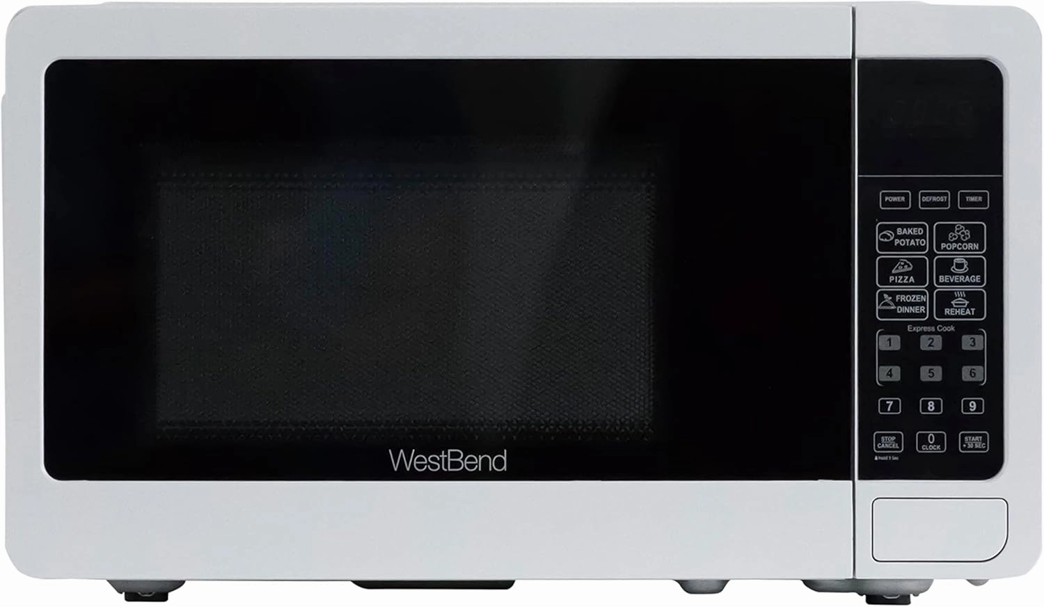 West Bend WBMW71W 0.7 Cu. Ft. Countertop Microwave Oven 700W with 6 Pre-Programmed Cooking Settings, Speed Defrost, Electronic Control Panel, Rotating Glass Turntable, Add 30 Seconds Button, White