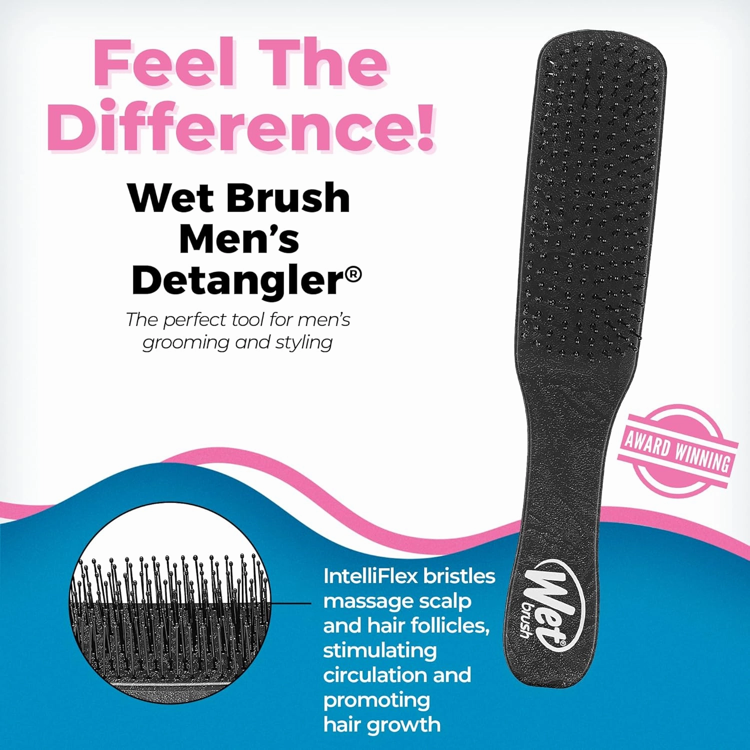 Wet Brush Detangling Hair Brush for Men, Black - Stimulates Scalp & Beard for Fuller Stronger Healthier Hair - Intelliflex Detangler Bristles Promote Hair Growth & Protect from Breakage - Pain-Free
