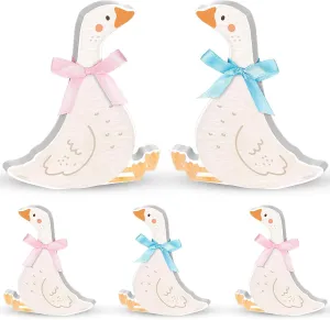 Weysat 4 Pcs 5.9 Inch Wooden Silly Goose Tabletop Decor One Silly Goose Centerpieces with Blue Pink Ribbon for Silly Goose Theme Party Baby Shower Birthday