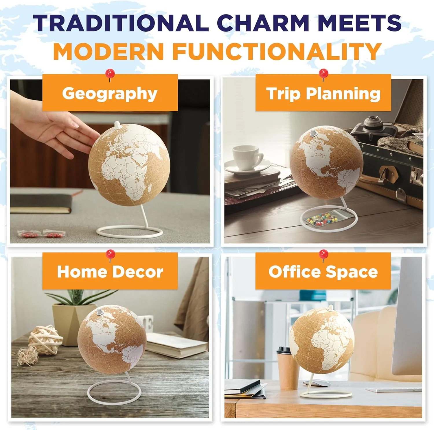 White Cork Globe With Map of the World - 6" Rotating Stand for Children or Adults, 50 Red Push Pins - World Globe for Home, Office, Classroom, Travel, Kids