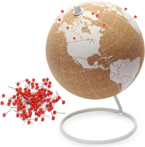 White Cork Globe With Map of the World - 6" Rotating Stand for Children or Adults, 50 Red Push Pins - World Globe for Home, Office, Classroom, Travel, Kids