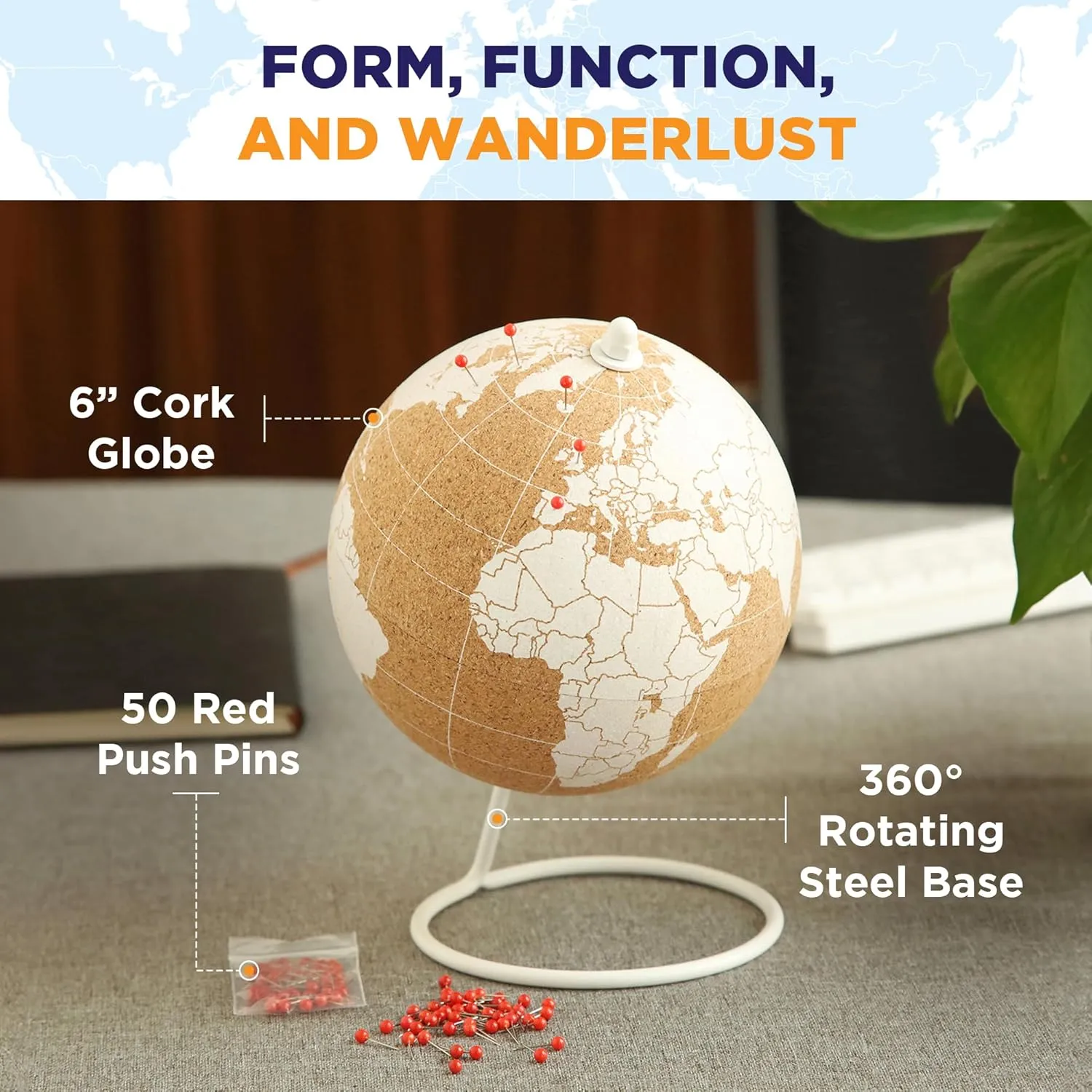 White Cork Globe With Map of the World - 6" Rotating Stand for Children or Adults, 50 Red Push Pins - World Globe for Home, Office, Classroom, Travel, Kids