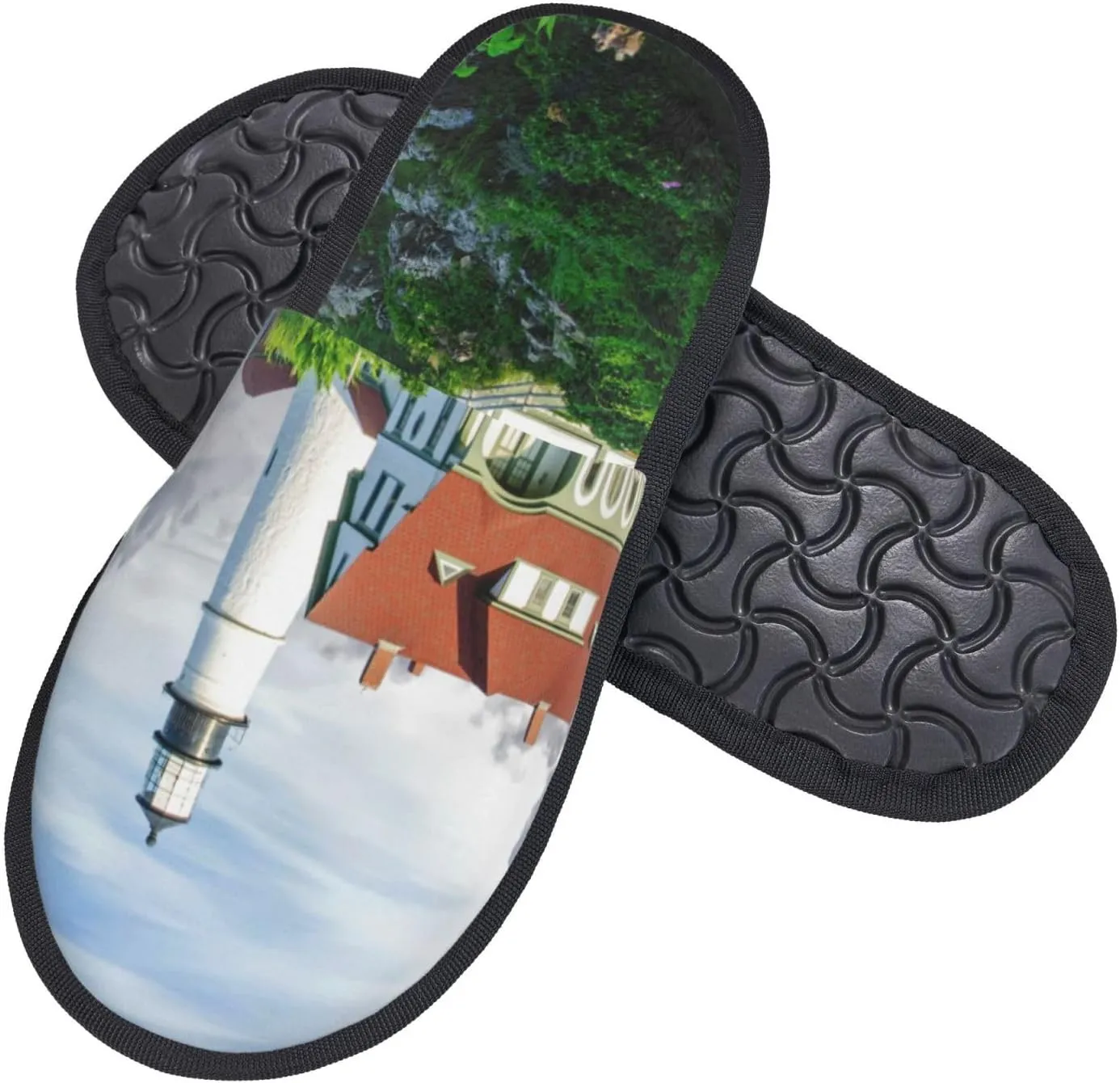Winter House Shoes Fluffy Slippers Lighthouse Ocean Island Warm Indoor Plush House Slippers For Men Women
