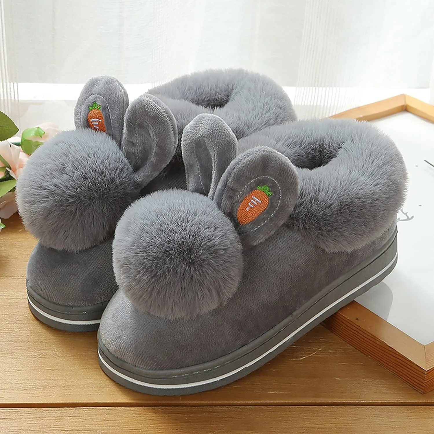 Winter slippers female furry rabbit ears indoor slippers, cute rabbit ears plus plush slippers