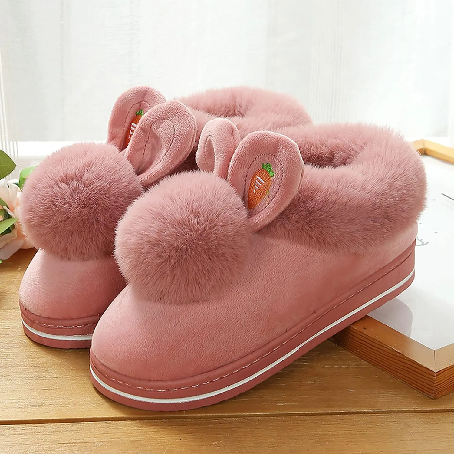 Winter slippers female furry rabbit ears indoor slippers, cute rabbit ears plus plush slippers