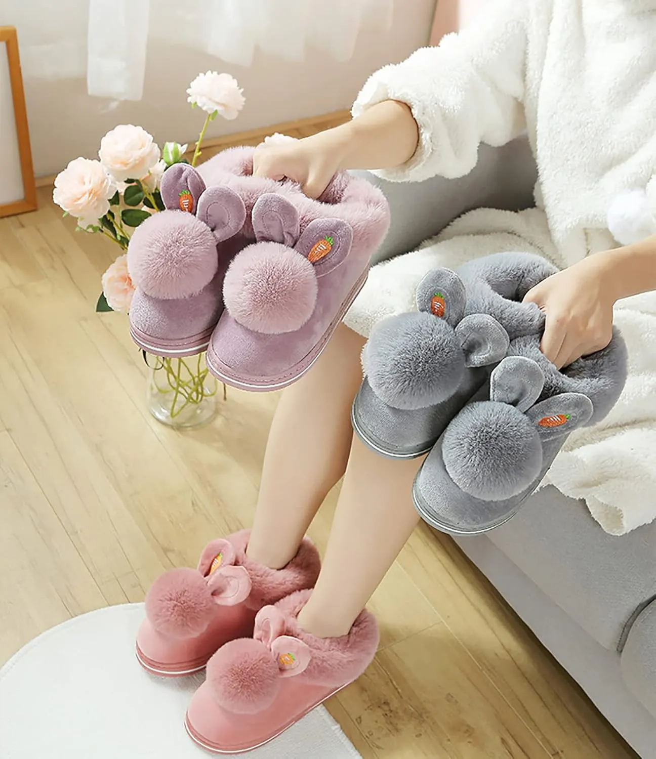 Winter slippers female furry rabbit ears indoor slippers, cute rabbit ears plus plush slippers