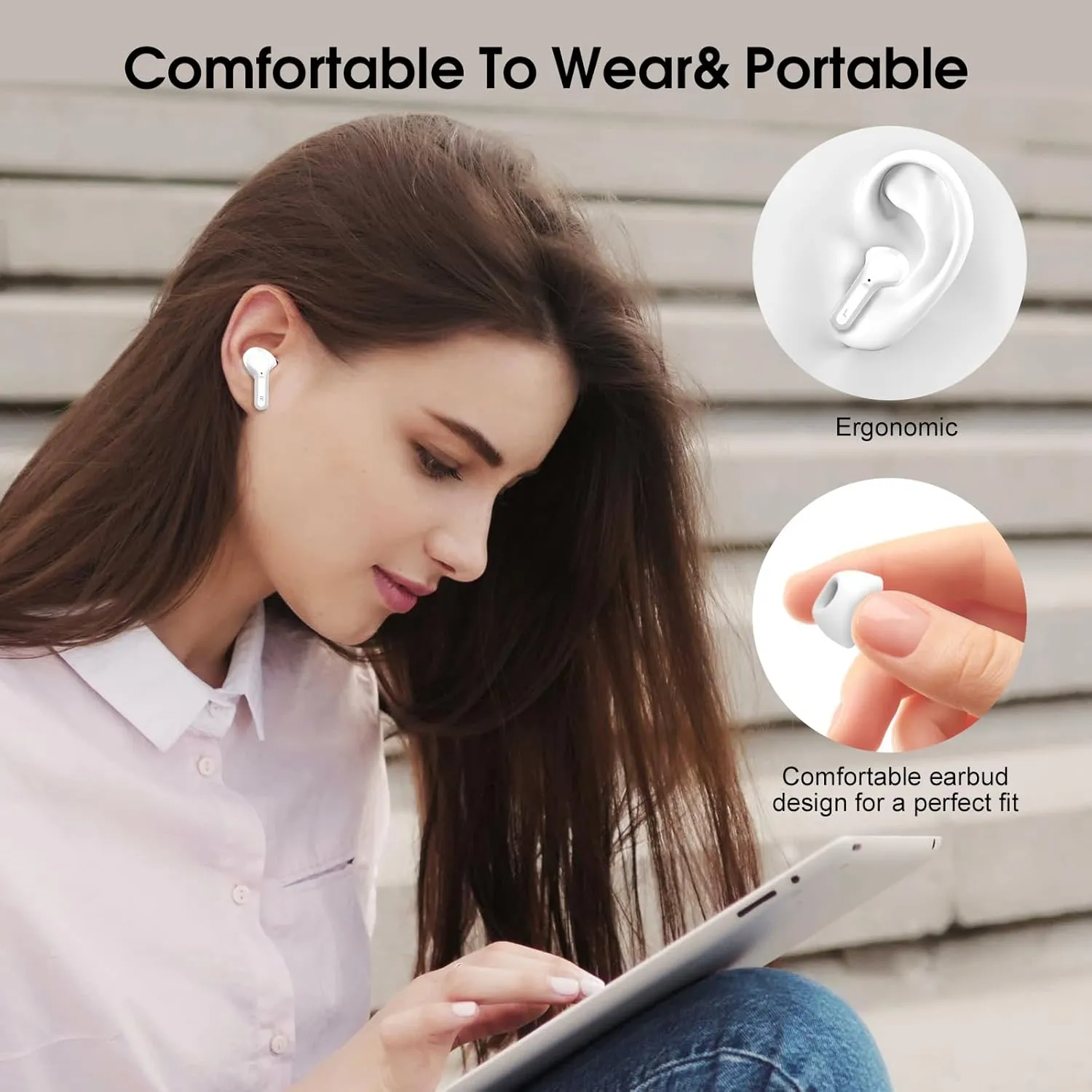 Wireless Earbuds, Bluetooth 5.4 Headphones HiFi Stereo, Bluetooth Earbuds with ENC Noise Cancelling Mic, IP7 Waterproof in Ear Earphones, 48H, LED Display Ear buds for Pad Phone Workout Sports, White