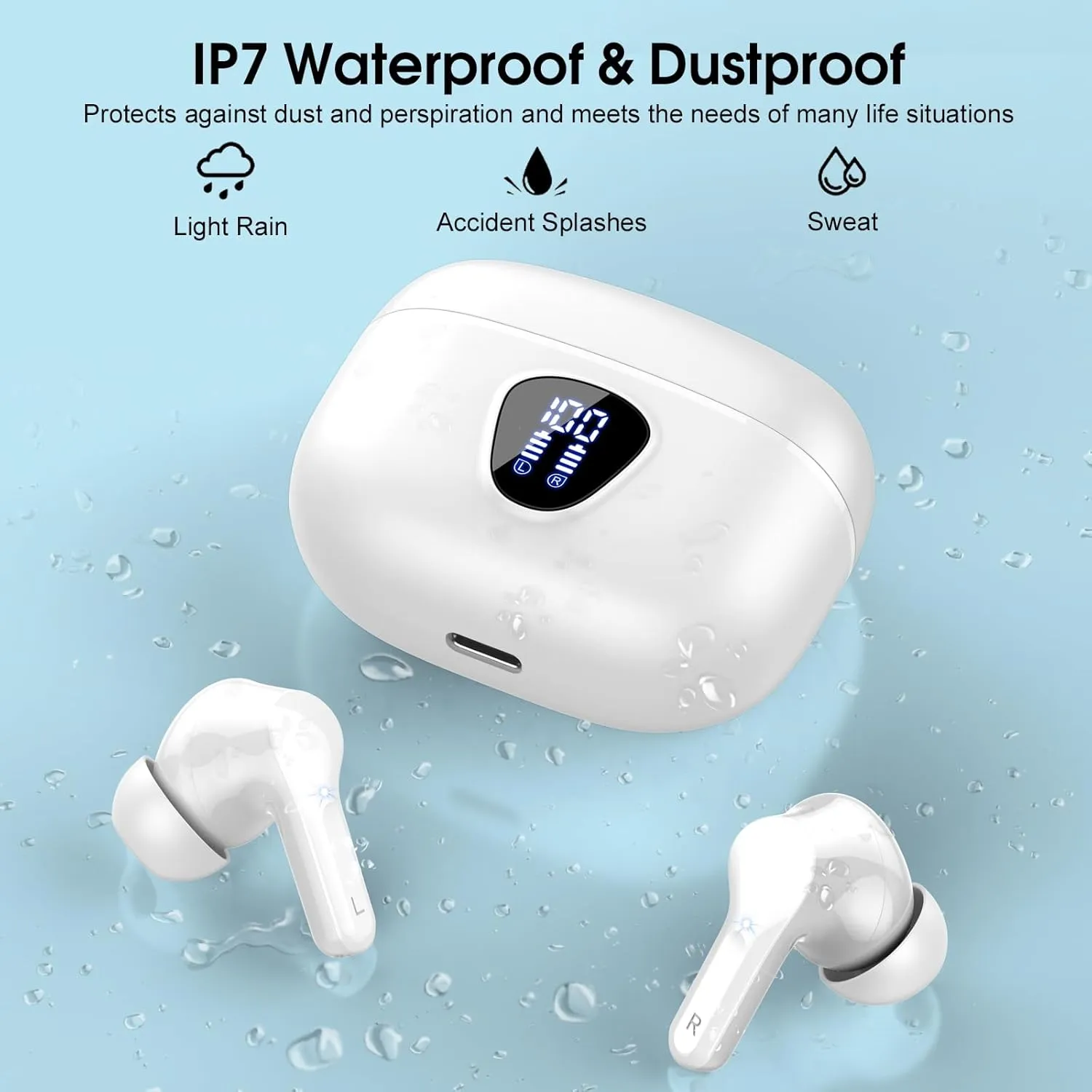 Wireless Earbuds, Bluetooth 5.4 Headphones HiFi Stereo, Bluetooth Earbuds with ENC Noise Cancelling Mic, IP7 Waterproof in Ear Earphones, 48H, LED Display Ear buds for Pad Phone Workout Sports, White