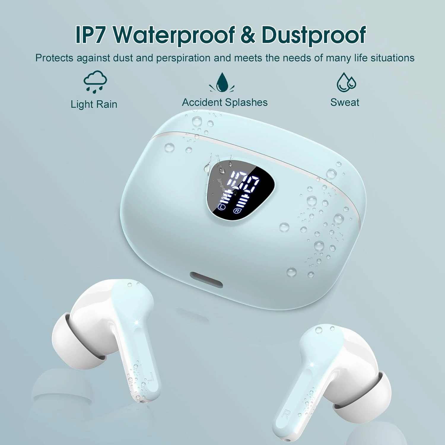 Wireless Earbuds, Bluetooth 5.4 Headphones HiFi Stereo, Bluetooth Earbuds with ENC Noise Cancelling Mic, IP7 Waterproof in Ear Earphones, 48H, LED Display Ear buds for Pad Workout Sports, Azure
