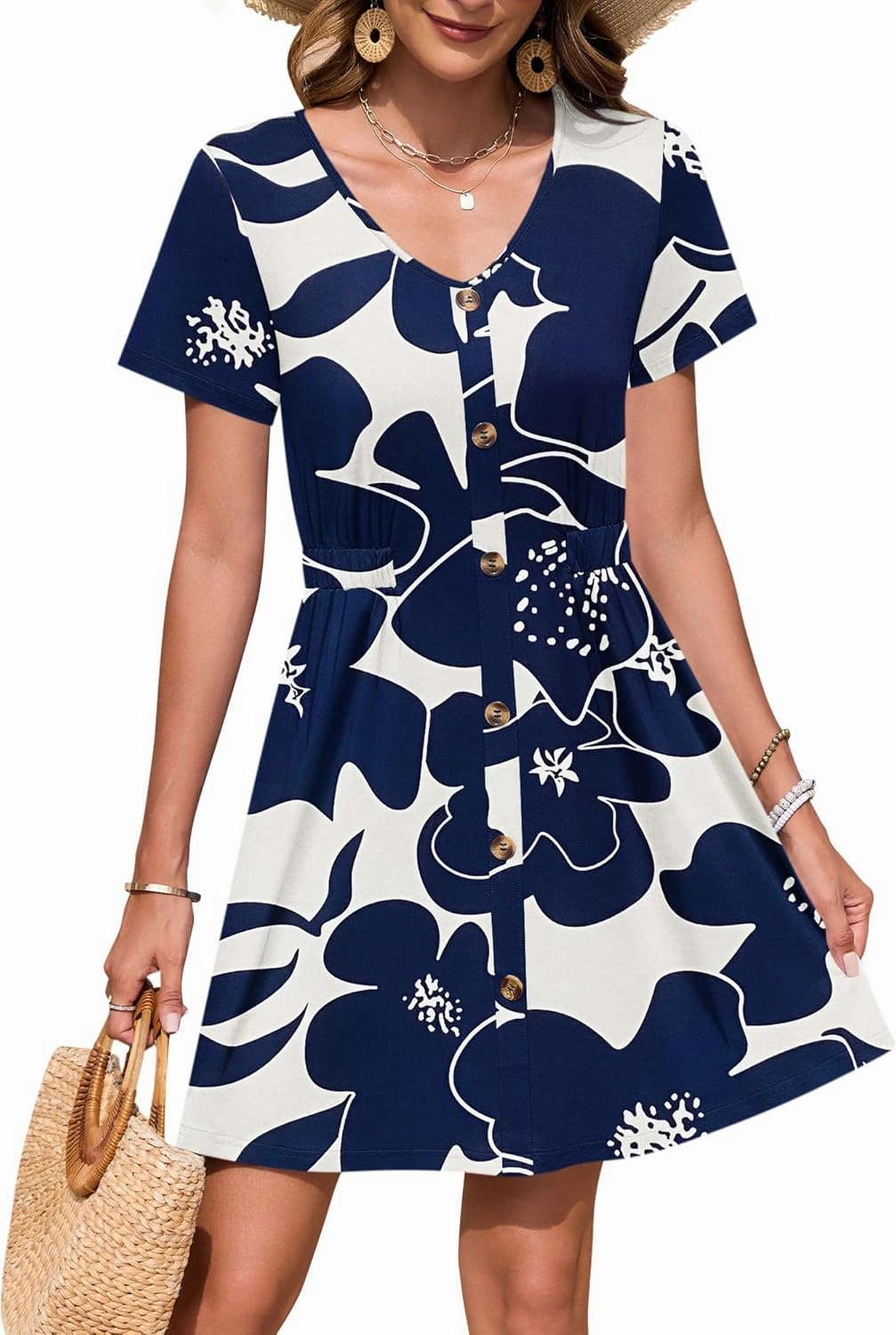 WNEEDU Women Summer Dresses Short Sleeve Casual Loose Swing Button Down Mini Dress Flowy Beach Sundress