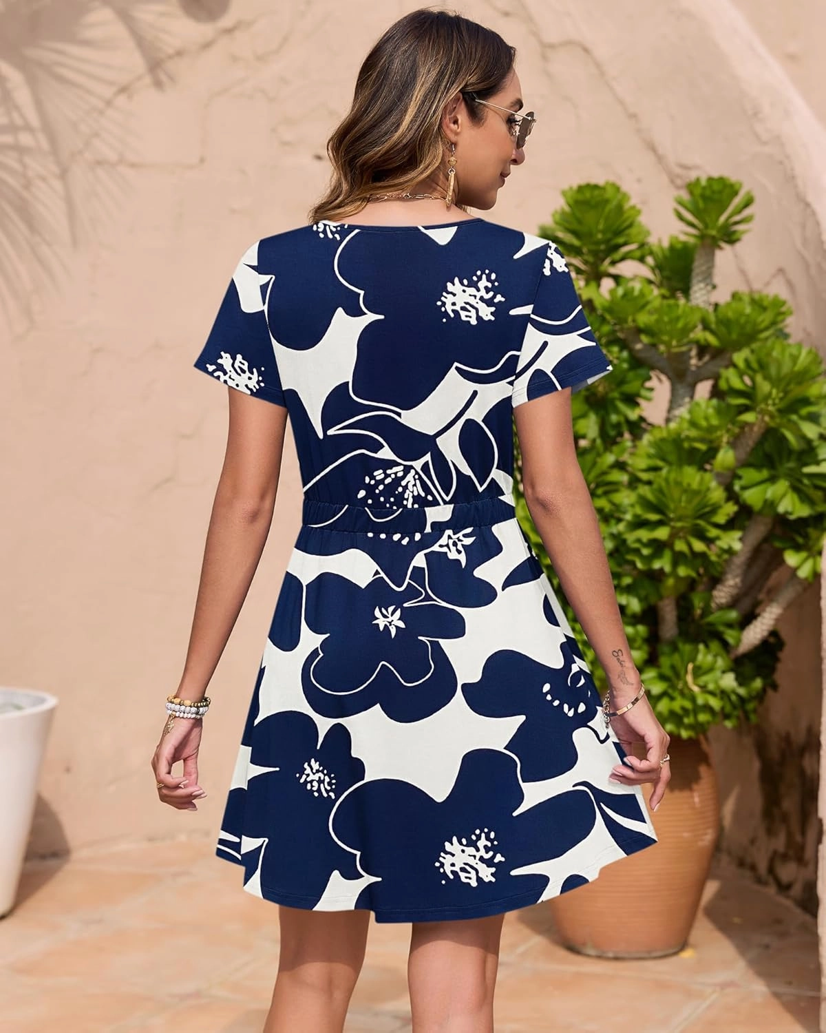 WNEEDU Women Summer Dresses Short Sleeve Casual Loose Swing Button Down Mini Dress Flowy Beach Sundress