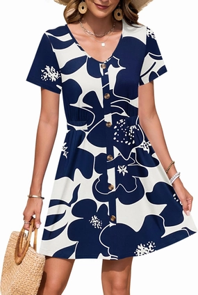 WNEEDU Women Summer Dresses Short Sleeve Casual Loose Swing Button Down Mini Dress Flowy Beach Sundress