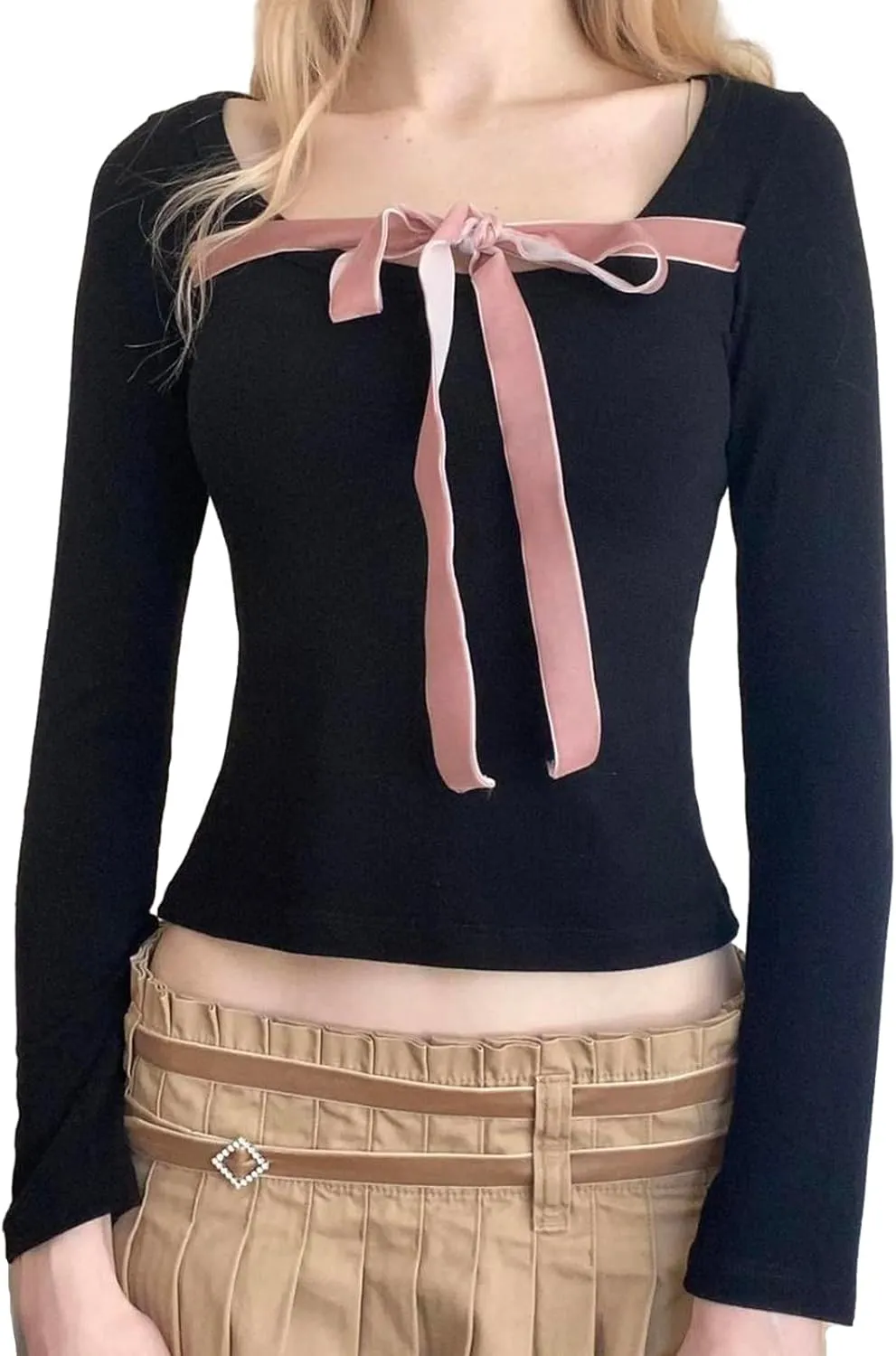 Women Fairy Grunge Y2k Shirts Square Neck Lace Patchwork Tops Aesthetic Clothes