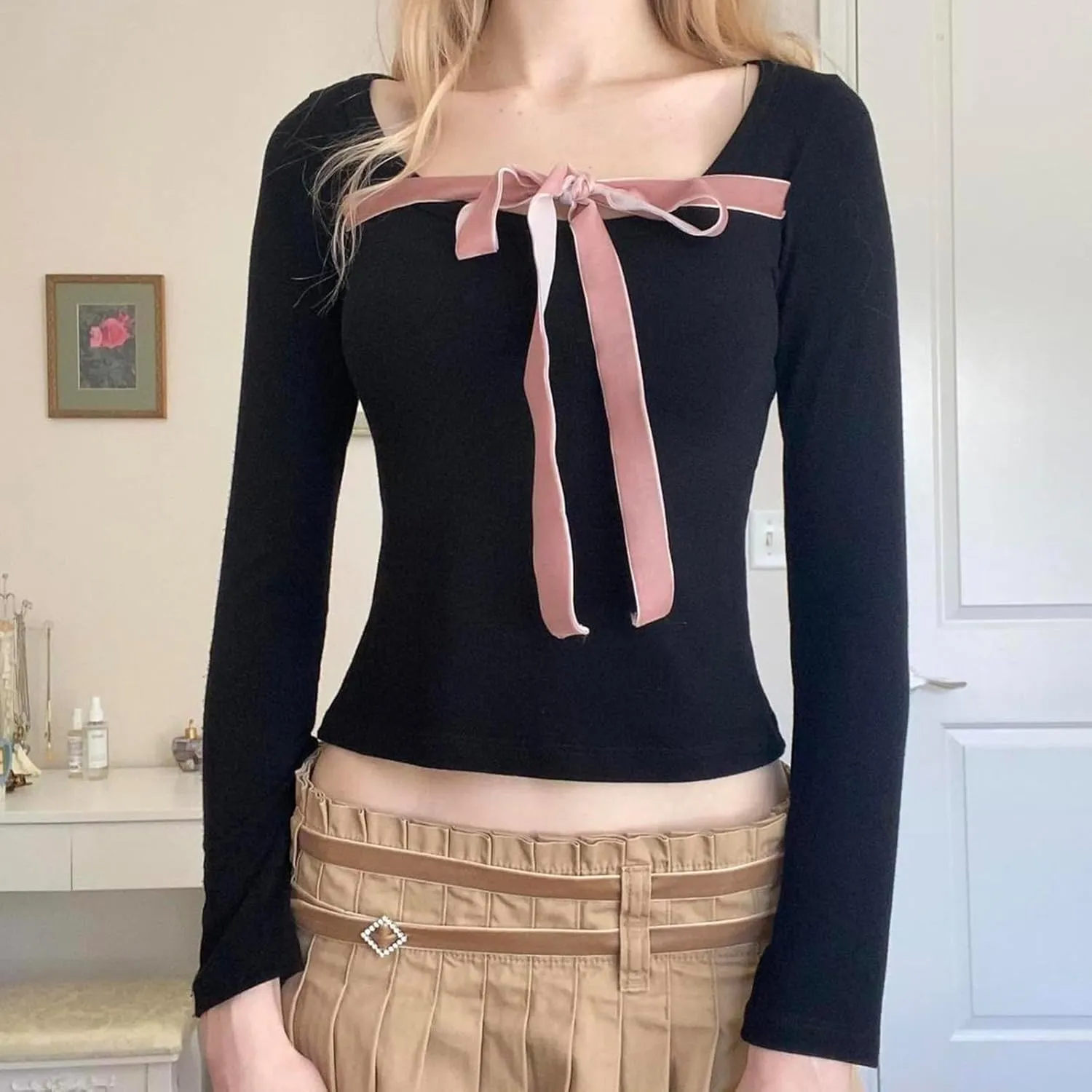 Women Fairy Grunge Y2k Shirts Square Neck Lace Patchwork Tops Aesthetic Clothes