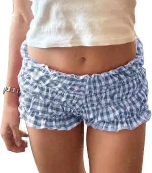Women Gingham Boxer Shorts Ruffle Bloomers Cute Sexy Micro Y2k Pajama Plaid Shorts