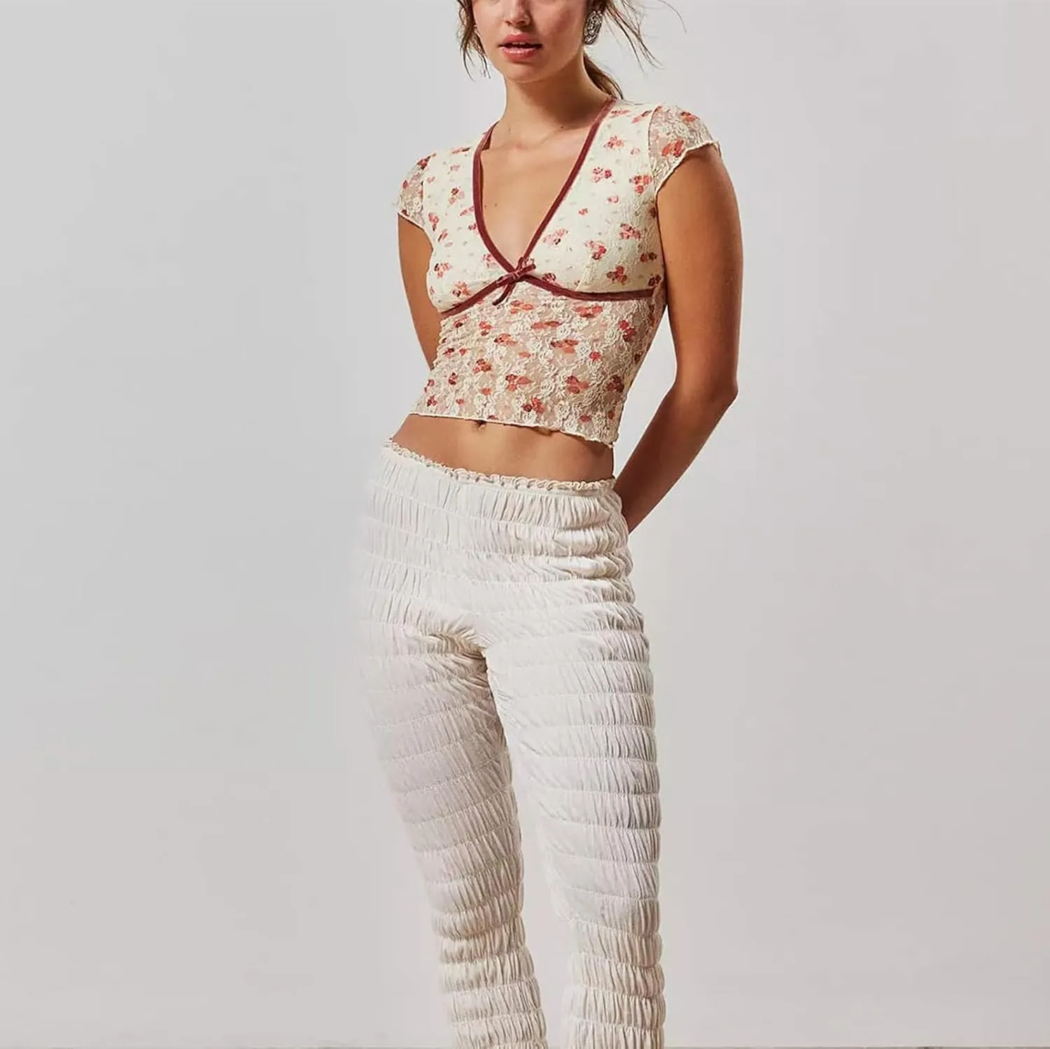 Women Y2K Floral Lace Crop Top Sexy See Through Sheer Mesh T Shirts Slim Fit Aesthetic Going Out Tees Tops Streetwear