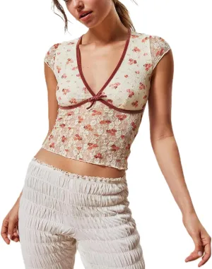 Women Y2K Floral Lace Crop Top Sexy See Through Sheer Mesh T Shirts Slim Fit Aesthetic Going Out Tees Tops Streetwear