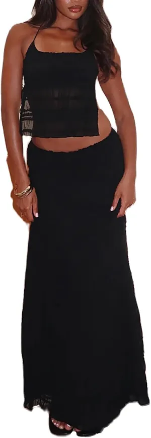 Women Y2K Maxi Skirt Set 2 Piece Outfit Smocked Backless Halter Top Flowy Ruffle Skirt Wedding Guest Ruched Set