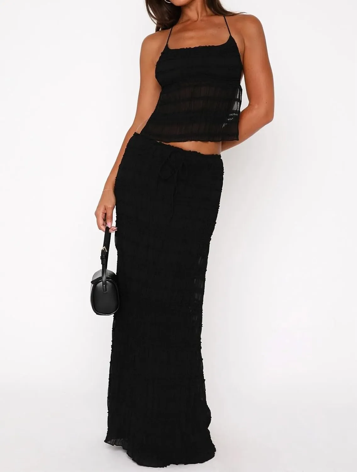 Women Y2K Maxi Skirt Set 2 Piece Outfit Smocked Backless Halter Top Flowy Ruffle Skirt Wedding Guest Ruched Set