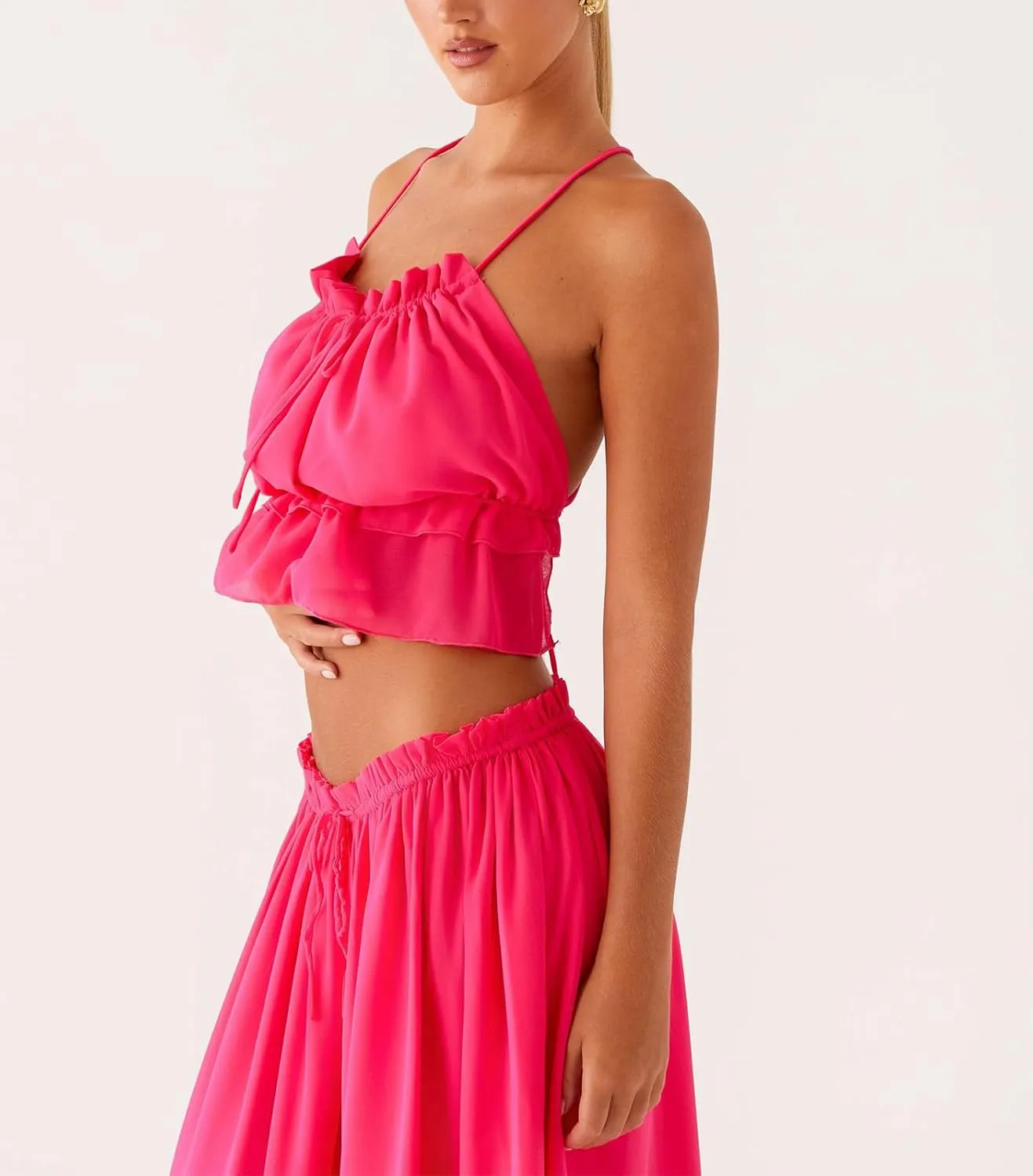 Women Y2K Maxi Skirt Set 2 Piece Outfit Smocked Backless Halter Top Flowy Ruffle Skirt Wedding Guest Ruched Set