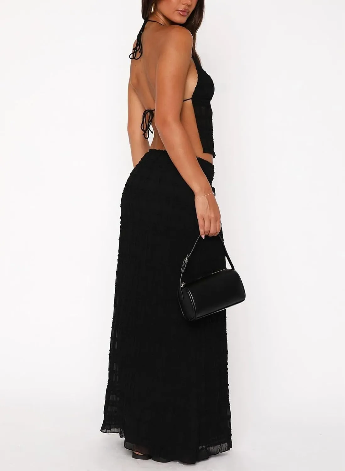 Women Y2K Maxi Skirt Set 2 Piece Outfit Smocked Backless Halter Top Flowy Ruffle Skirt Wedding Guest Ruched Set