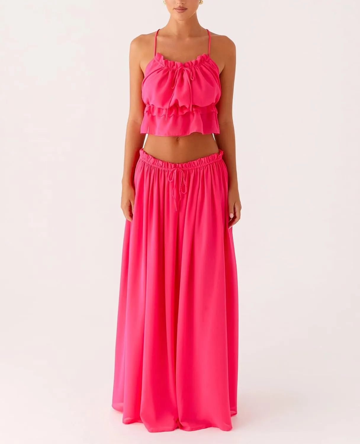 Women Y2K Maxi Skirt Set 2 Piece Outfit Smocked Backless Halter Top Flowy Ruffle Skirt Wedding Guest Ruched Set