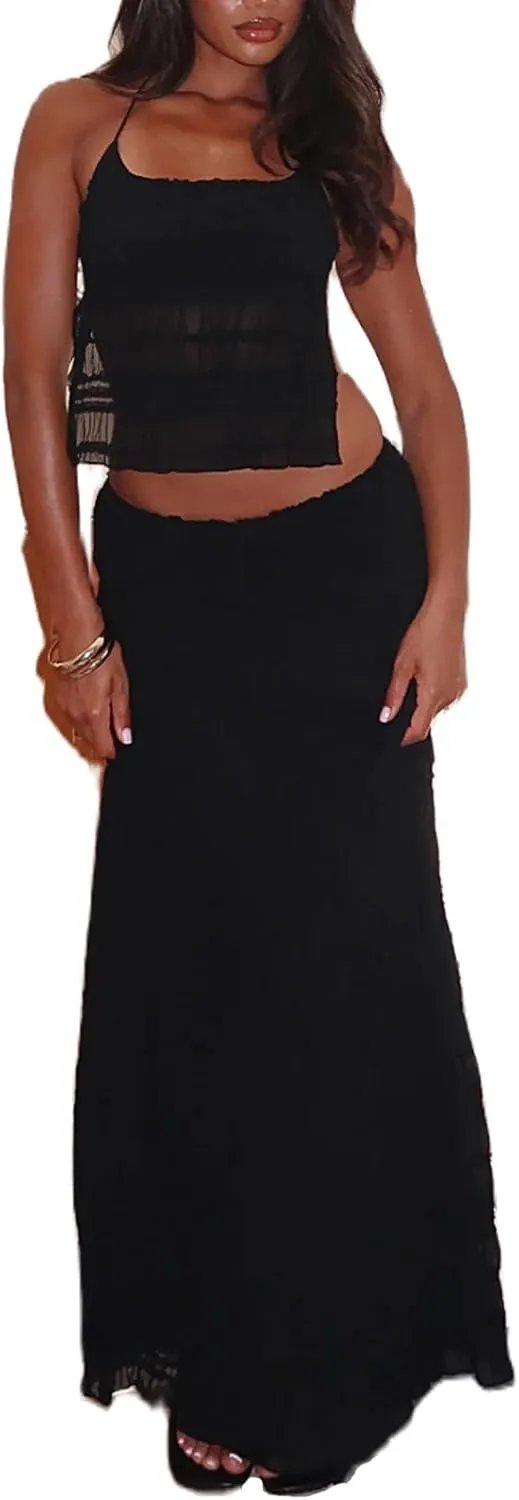 Women Y2K Maxi Skirt Set 2 Piece Outfit Smocked Backless Halter Top Flowy Ruffle Skirt Wedding Guest Ruched Set