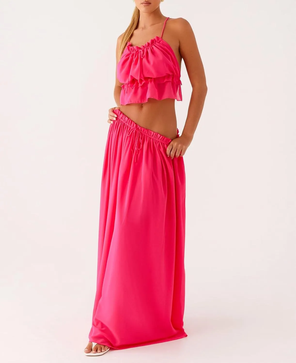 Women Y2K Maxi Skirt Set 2 Piece Outfit Smocked Backless Halter Top Flowy Ruffle Skirt Wedding Guest Ruched Set